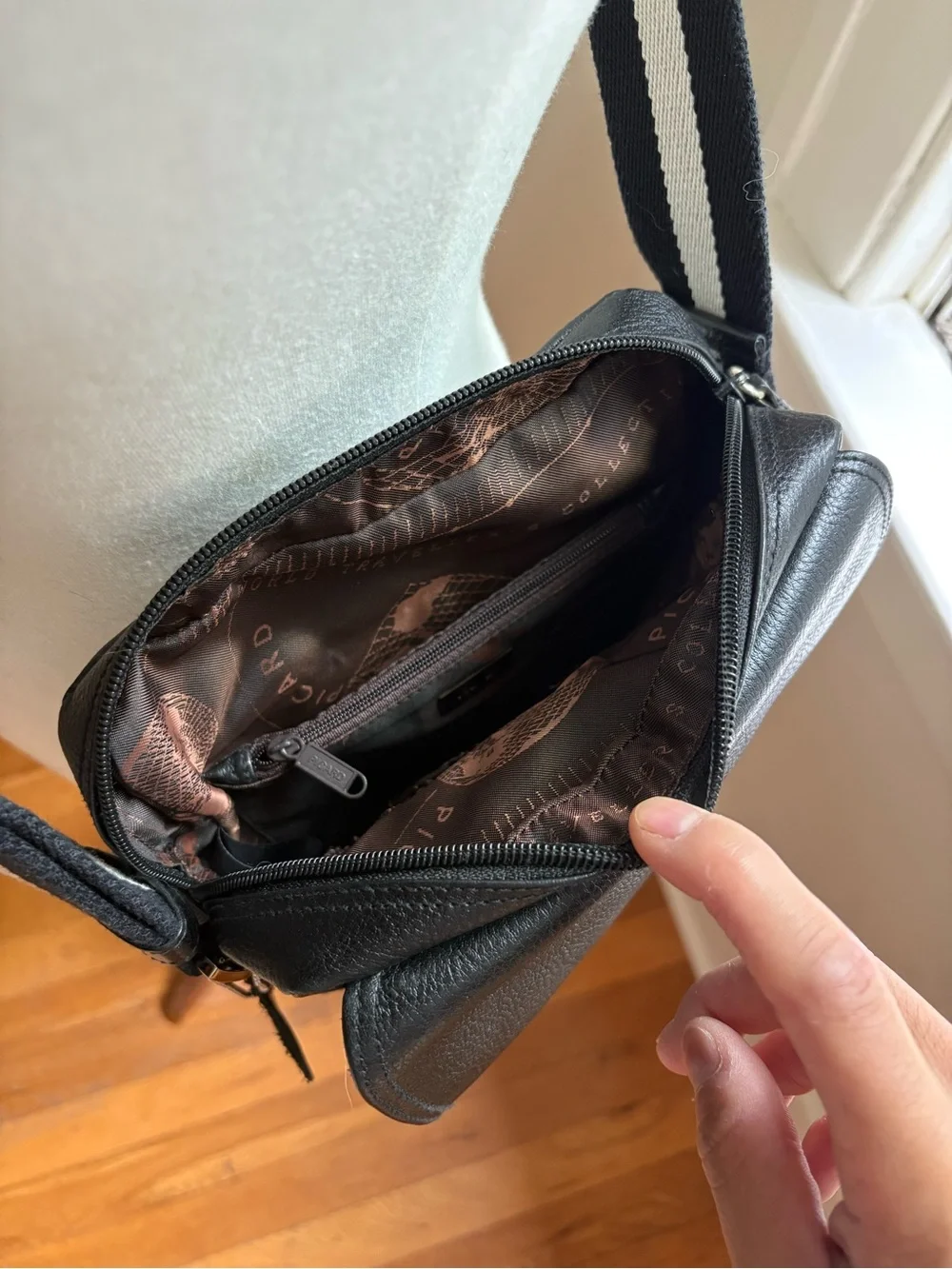 Picard Black Leather Messenger Bag with Striped Adjustable Strap